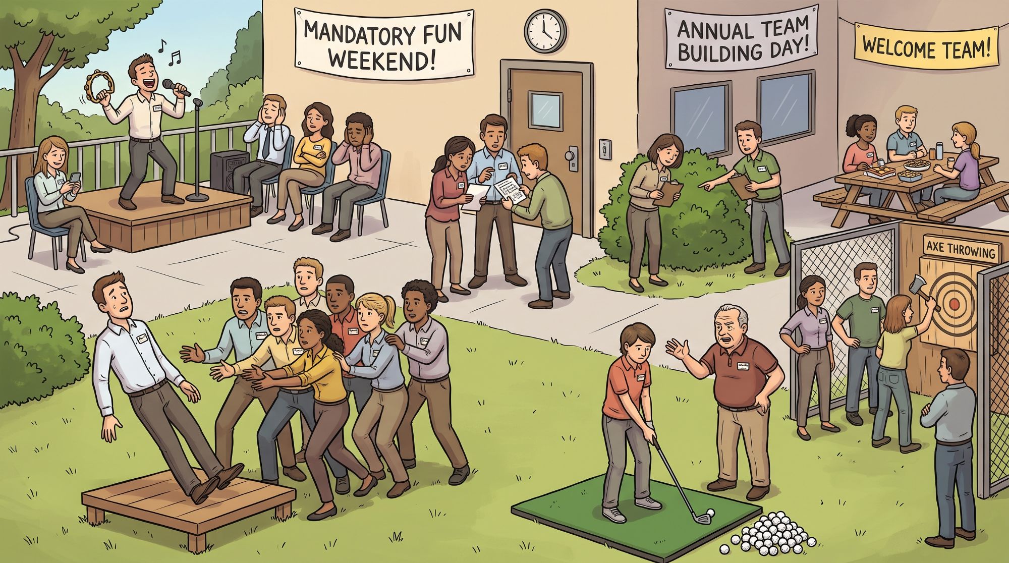 Cartoon of a corporate Mandatory Fun Weekend: a manager sings karaoke to wincing coworkers, an employee trust-falls toward an anxious group, a boss coaches an unwilling golfer, coworkers squint at scavenger-hunt clipboards, and a team throws axes under a banner reading Annual Team Building Day.